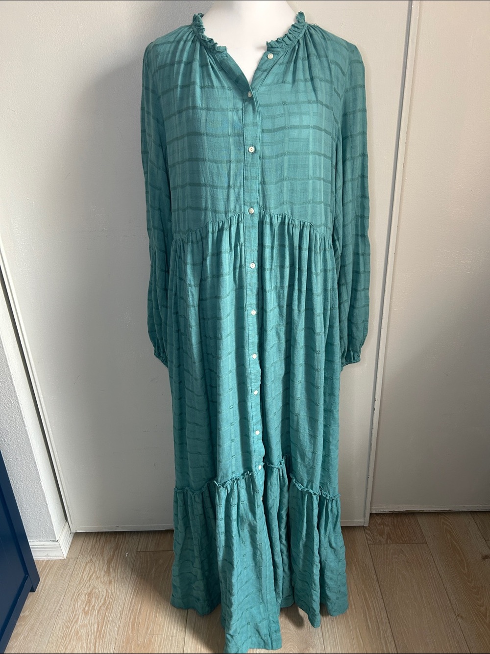 Free People Free People Edie Teal Button-Front Tiered Long Sleeve Maxi Dress